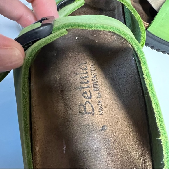 Birkenstock Betula platform Arizona 2 strap slide neon green leather black buckl - Picture 12 of 12